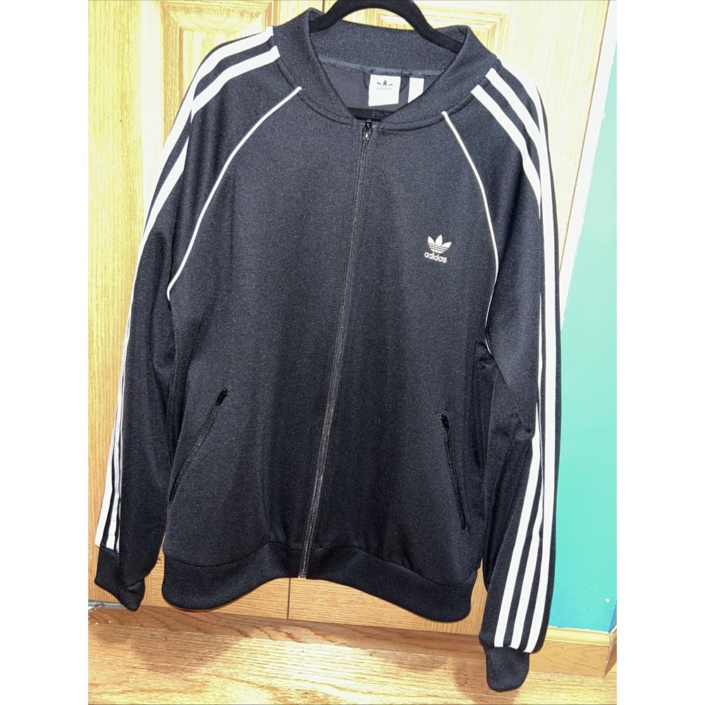 Adidas Jacket Womens Large Black White Trefoil Track Top 3 Stripes Zip Up‎